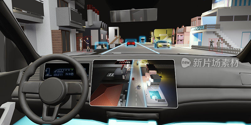 Auto Pilot汽车无人驾驶物体检测传感器数字速度计自动驾驶汽车自动驾驶汽车UGV高级驾驶员辅助系统3d插图